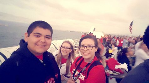 Seniors Andrew Del La Garza, Jamie Stein, and Hailey Wells take a picture while on a boat. 