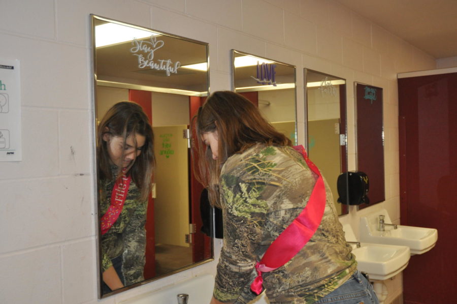 Sophomore Madison Pike washes her hands in the newly decorated bathroom.