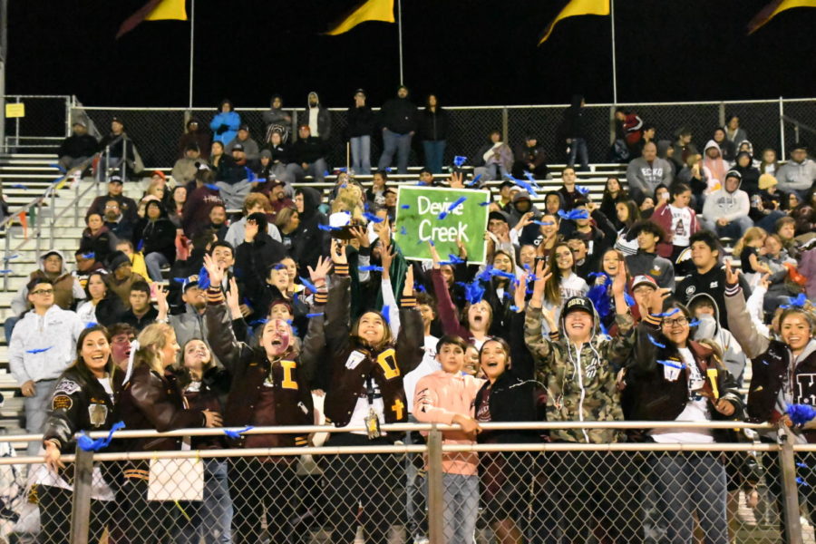 Student section throws blue feathers in the air.