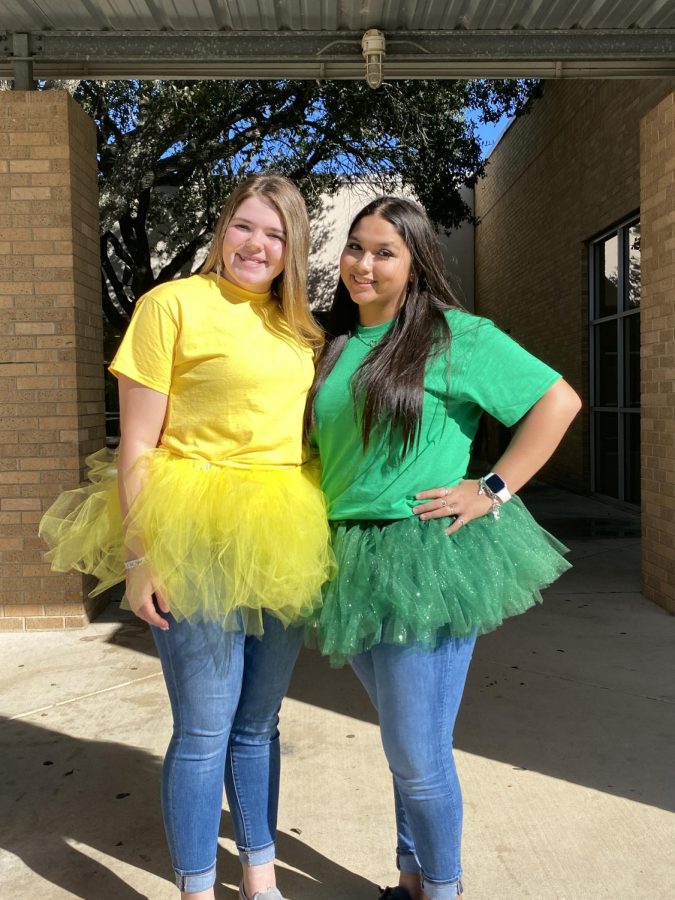 Disney Day hits Devine HS. Sophomores Avery Mobley and Lizbeth De Los Santos dressed as Inside Outs emotions for Red Ribbon Week.