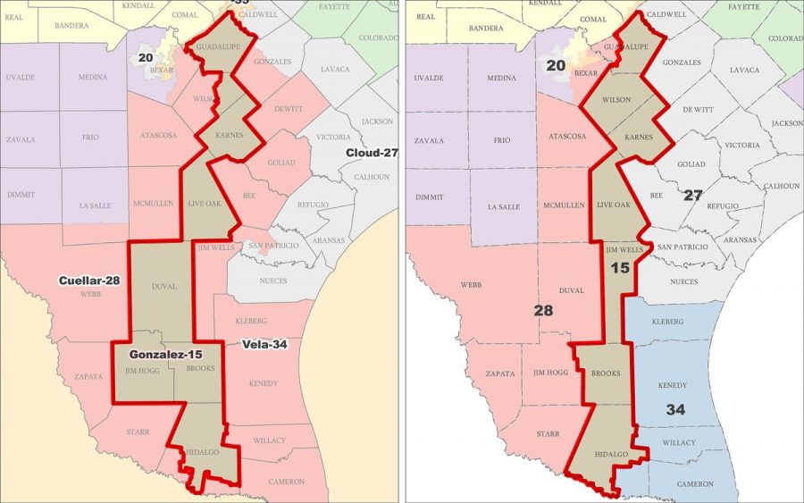 Left: Texas map depicting districts from South San Antonio to the southern border. Right: The map Governor Abbott recently signed into law.
Courtesy of the Texas Legislative Council