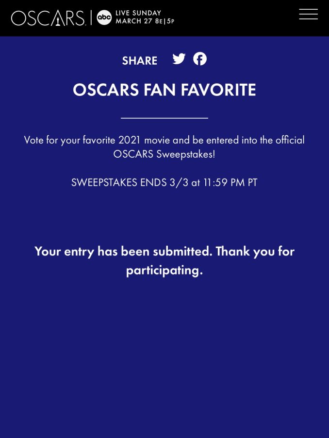 A look at a screenshot of the Oscars.org website after casting a vote for the first ever Fan Favorite movie. Votes closes on March 3.